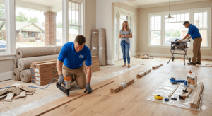 A wide shot of a home interior in Tulsa where professional contractors are installing light oak hardwood flooring.