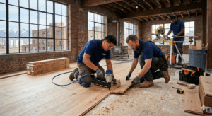 Three construction workers installing light wood flooring in a rustic, open plan industrial loft.
