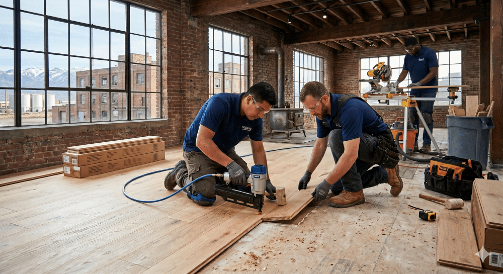 Three construction workers installing light wood flooring in a rustic, open plan industrial loft.