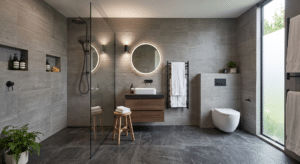 A modern, spa-like bathroom showcasing large, dark gray textured floor tiles and lighter gray textured wall tiles. The space features a glass-enclosed walk-in shower with matte black fixtures on the left, a floating wood vanity with a white vessel sink and an illuminated round mirror in the center, and a modern wall-mounted toilet next to a tall frosted window on the right