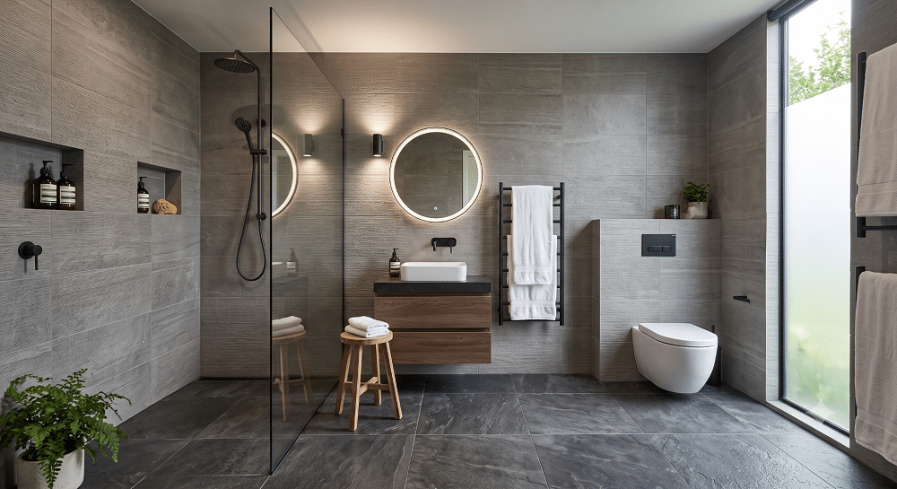 A modern, spa-like bathroom showcasing large, dark gray textured floor tiles and lighter gray textured wall tiles. The space features a glass-enclosed walk-in shower with matte black fixtures on the left, a floating wood vanity with a white vessel sink and an illuminated round mirror in the center, and a modern wall-mounted toilet next to a tall frosted window on the right