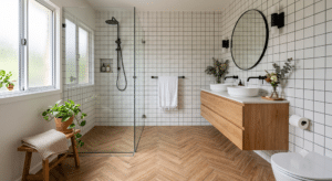A bright, modern bathroom showcasing two distinct tile layout patterns: a wood-look tile floor installed in a herringbone pattern, and white square wall tiles arranged in a straight grid pattern with contrasting dark grout