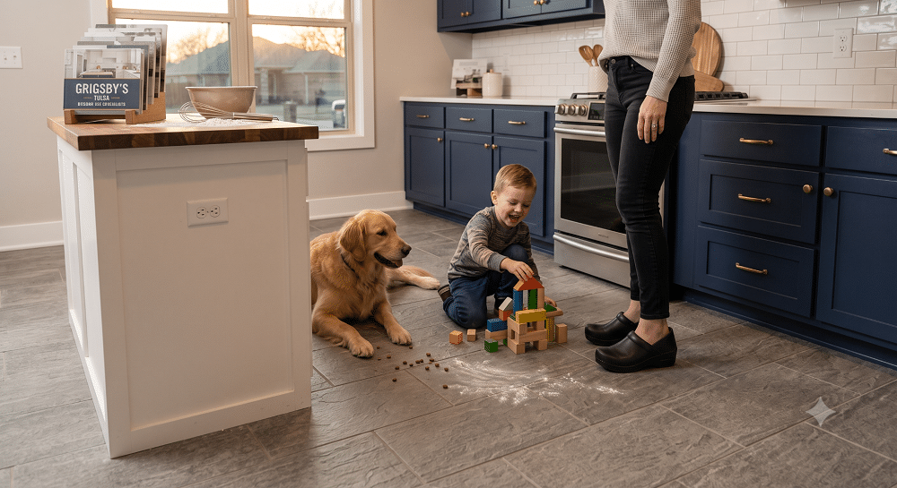A modern kitchen featuring textured, slip resistant gray floor tiles handling a messy everyday scenario.